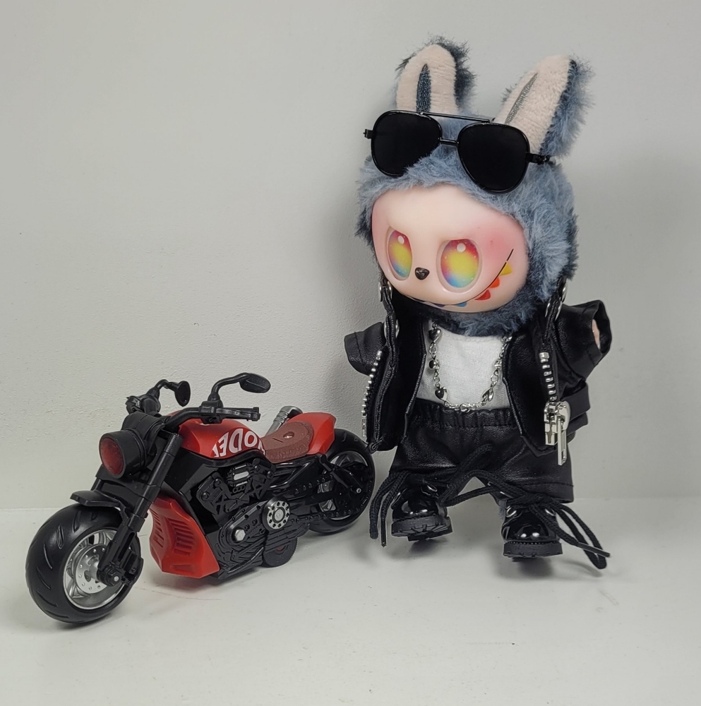 Stylish Biker Labubu with Motorcycle, aviators' pleather set, no doll